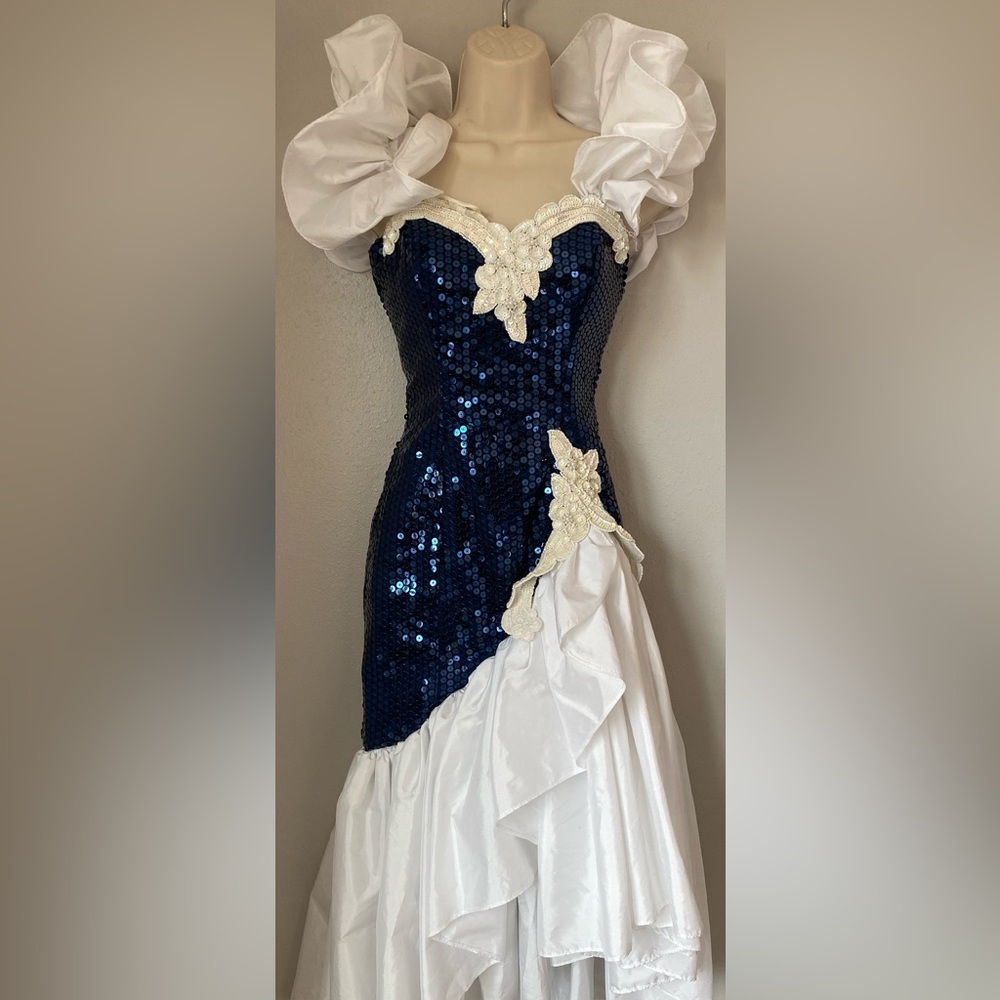 Loralie Vintage Original Blue Sequin White Taffeta Party Prom Dress Size 04